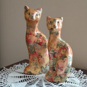 Vintage MCM Chintz Floral Decoupage Porcelain Cat Figurines Cottagecore